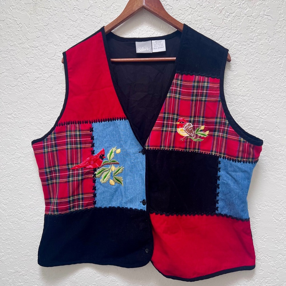 VTG Blair Patchwork Cardinal Plaid Vest Women XL Embroidered Corduroy Eclectic